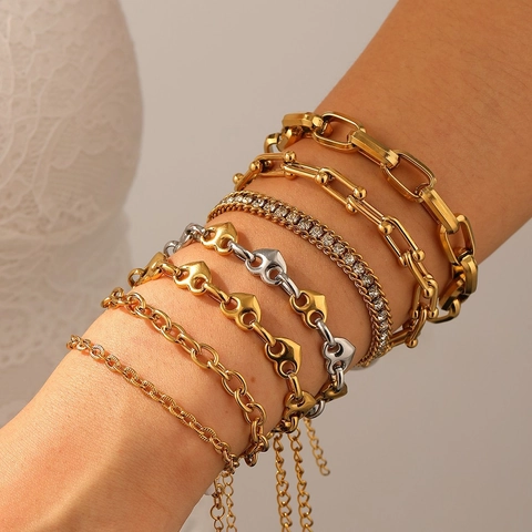 Bracciale A Maglie A Cuore Di Moda Acciaio Inossidabile Placcato Oro 18K Gioielli Geometrici Regolabili Minimalisti Per Donne