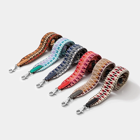 Wide Replacement Shoulder Strap Wax Thread Woven Geometric Pattern Leather Ends Swivel Metal Hooks Bag Accessory