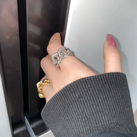 Anello Aperto A Catena Cubana Placcato Argento Micro Pavé Zirconia Hip Hop Gioielli Da Dito Regolabili Da Donna