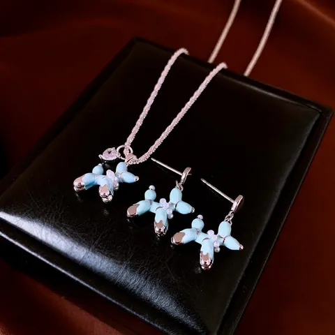 Collana E Orecchini Cane Palloncino Cuore Zircone Rame Smalto Con Perno In Argento Gioielli Moda Donne