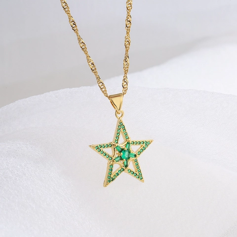 Collana Con Pendente A Stella Rame Placcato Oro 18K Zircone Verde Catena Da Clavicola Gioielli Eleganti Per Donne