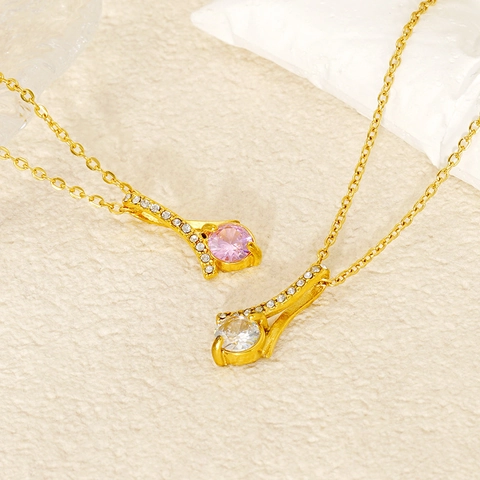 Collana Pendente Donna Acciaio Inossidabile Placcato Oro 18K Zircone Rotondo Strass Temperamento Lusso Gioielli