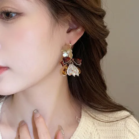 Asymmetric Flower Bow Tassel Earrings Alloy Resin With 925 Sterling Silver Earring Post Amber Brown Retro For Women