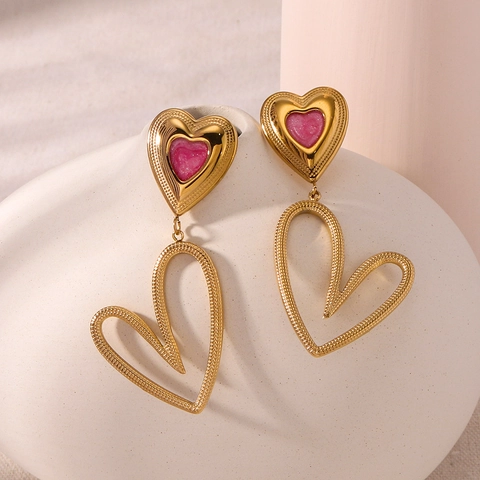Pendientes De Corazón Colgantes Acero Inoxidable Chapado Oro 18K Esmalte Rosa Hueco Joyería Mujer