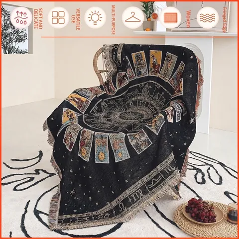Coperta In Cotone Intrecciato Tarocchi Astrologia Sole Zodiaco Bohémien Con Nappe Per Divano Letto Camping Picnic