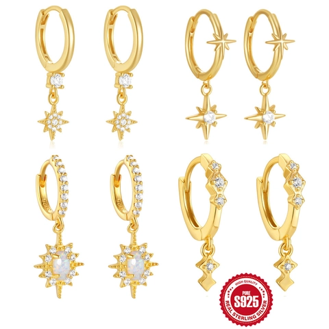 925 Sterling Zilveren Ster Oorbellen Met Opaal Zirkonia Verguld Geometrische Achtpuntige Ster Hanger Oorbellen Voor Dames Sieraden