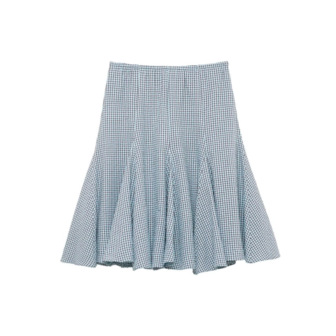 Gingham A-Line Midi Skirt Polyester Blend Elastic High Waist Flowy Plaid Streetwear Casual Skirt For Women
