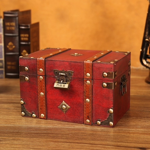 Vintage Wooden Jewelry Box Lockable Storage Chest With Alloy Buckle PU Leather Rivet Decorative Treasure Box Home Decor