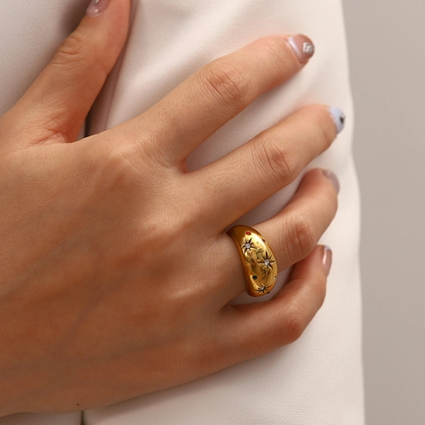 Zircon Star Ring Stainless Steel Wide Band Engraved Multi Color Stones Vintage French Luxury Style Jewelry For Women