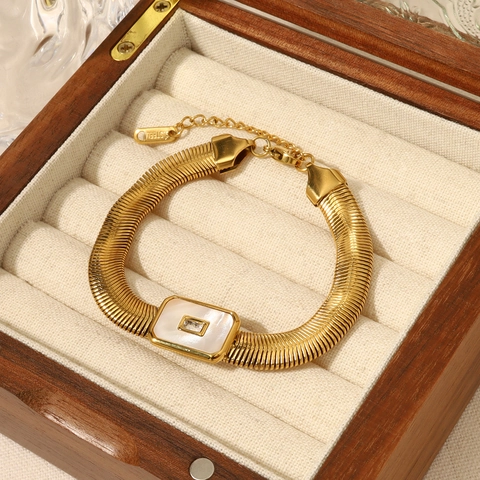 Braccialetto a Catena a Ossa di Serpente in Acciaio Inossidabile per Donna Placcato Oro 18K con Intarsio di Conchiglia in Perla Artificiale e Strass