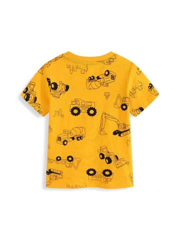 Boys Yellow Cotton Short Sleeve T-Shirt Cartoon Construction Vehicle Pattern Excavator Round Neck Kids Summer Casual Top