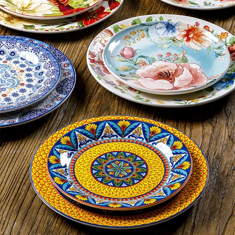 Bohemian Ceramic Dinner Plate Vintage Underglaze Floral Mandala Round Steak Pasta Plate For Restaurant Home Microwave Safe