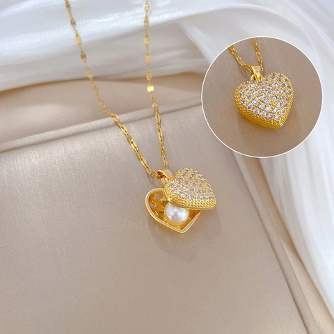 Titanium Stahl Halskette Künstliche Perle Mond Herz Anhänger Zirkon Eingelegt Luxus Elegante Schlüsselbein Kette Für Frauen