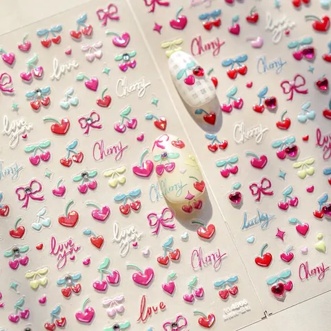 Autocollants Ongles Relief 3D Strass Cristal Cerise Cœur Nœud Lettres Doux Auto-adhésif Décoration DIY