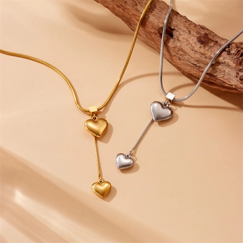 Stainless Steel Heart Pendants Necklace Y-Shaped Lariat Tassel Snake Chain Minimalist Modern Jewelry For Women