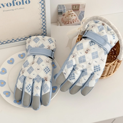 Guanti Da Sci Invernali Nylon Gomma Impermeabile Caldo Spesso Antivento Sport All'aperto Orso Cartone Animato Donne