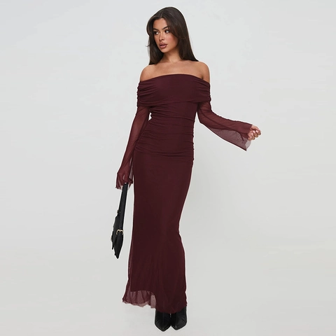 Off Shoulder Ruched Mesh Maxi Dress Long Sleeve Slim Fit Elegant Bodycon Sexy Party Evening Clubwear For Women