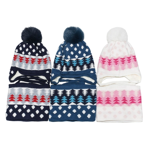 Gorro Y Bufanda De Punto De Invierno Para Niños Forro De Felpa Cálido Gorra Con Orejeras Y Pompon Jacquard Patrón Árbol Punto