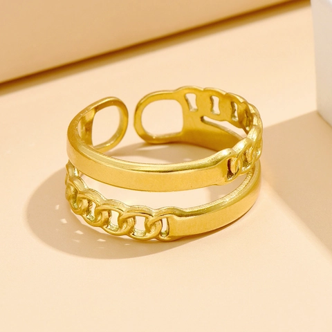 Double Layer Stainless Steel Chain Ring For Women Adjustable Open Finger Jewelry Minimalist Fashion Vacuum Gold Plated