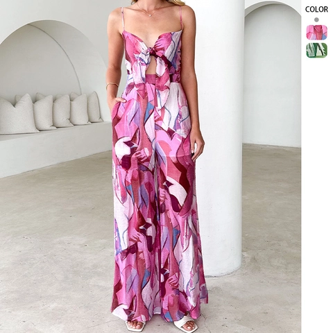 Damen Jumpsuit Ohne Ärmel Weites Bein Blumendruck Vorne Gebunden Ausschnitt Urlaub Sommer Polyester
