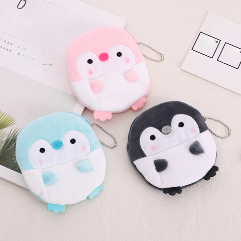 Kids Plush Coin Purse Cute Cartoon Penguin Dinosaur Mini Wallet Zipper Pouch Bead Chain Accessory