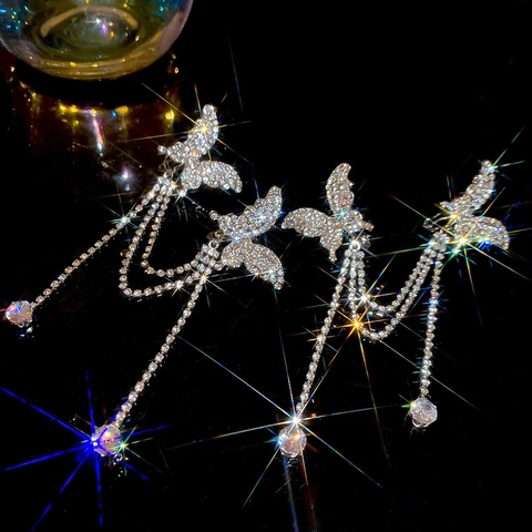 Clips D'oreilles Papillon À Long Gland Alliage Strass Non Percés Manchette D'oreille Asymétrique Bijoux Femmes