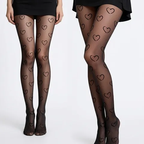 Women Black Sheer Heart Pattern Pantyhose Nylon Snag Resistant Breathable Tights Sweet Fashion Hosiery