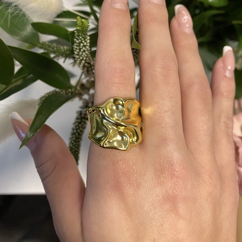 Irregular Molten Hammered Texture Wide Band Open Ring 18K Gold Plated Stainless Steel Adjustable Minimalist Jewelry