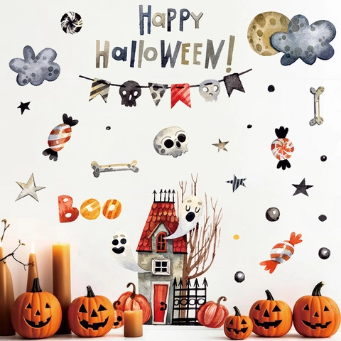 Halloween Window Stickers Cute Ghost Pumpkin Bats Static Cling Decals For Glass Watercolor Party Decoration PVC Waterproof