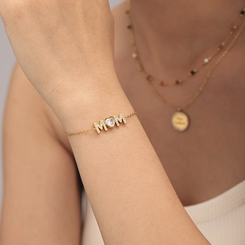 Stainless Steel Gold MOM Letter Heart Rhinestone Adjustable Chain Bracelet For Women Mother Day Fashion Jewelry Gift