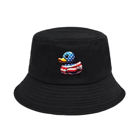 Cotton Bucket Hat With Cartoon Duck US Flag Stars And Stripes Pattern Sun Protection Outdoor Casual Unisex