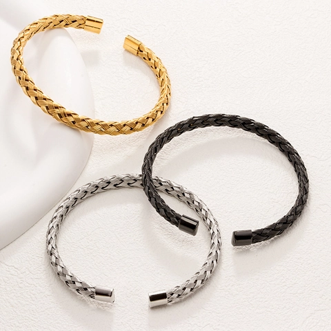 Woven Stainless Steel Cuff Bracelet Braided C-Shape Open Adjustable Bangle Minimalist Trendy Jewelry For Men Women