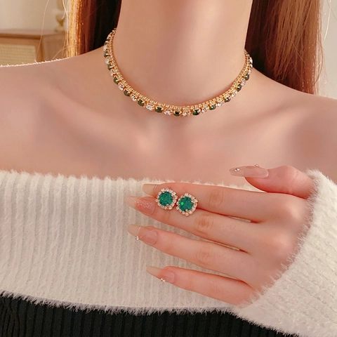 Luxury Round Geometric Rhinestone Necklace And Earrings Jewelry Set Copper Retro Fashion For Women Sparkling