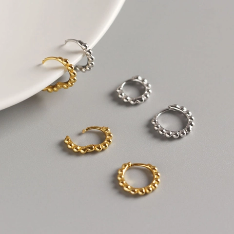 Beaded Hoop Earrings 925 Sterling Silver Minimalist Retro Small Huggie Studs For Women French Style Simple Elegant Jewelry