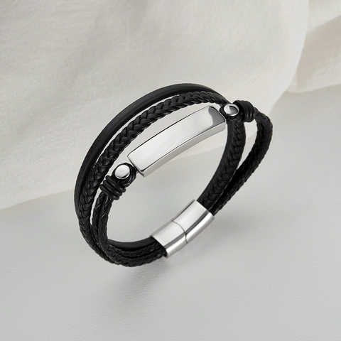 Bracciale In Pelle Intrecciata Multistrato Da Uomo Con Piastra In Metallo Inossidabile Chiusura Magnetica Vintage