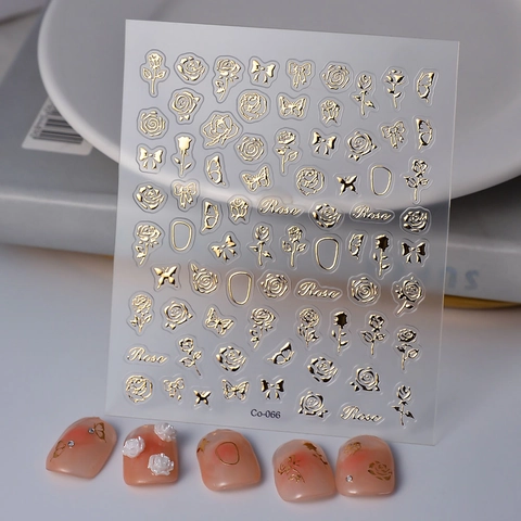 5D Embossed Nail Art Stickers Gilded Gold Rose Butterfly Floral Manicure Decoration DIY Elegant Decals For Women