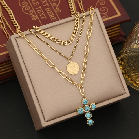 Collana Multi Strato Acciaio Inossidabile Turchese Croce Ciondolo Moneta Catena Cubana Gioielli Boho Donna