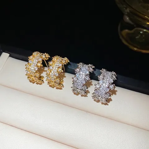 Créoles En Forme De C En Cuivre Zircon Avec Tige De Boucle D'oreille En Argent Sterling 925 Pave Élégant