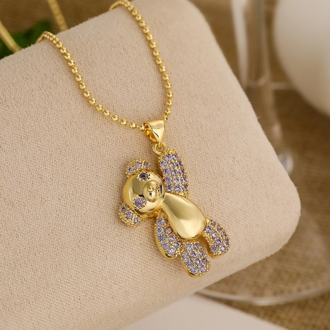 Collana Con Ciondolo Orsetto Rame Placcato Oro Zirconia Cubica Colorata Catena A Sfere Gioielli Animali Donne Ragazze