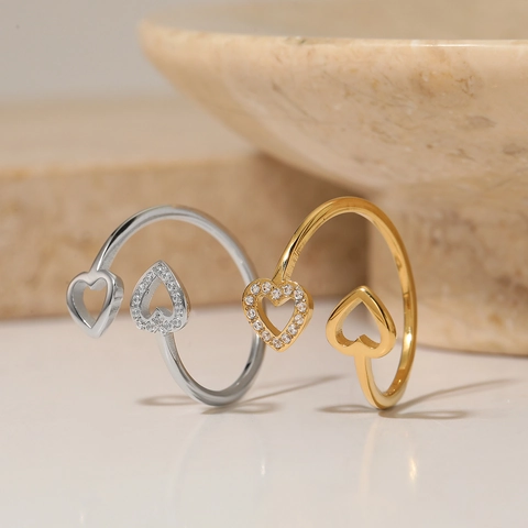 Bague Ouverte Ajustable En Acier Inoxydable Double Cœur Pour Femmes Avec Zircon Strass Incrusté Bijou Créatif Minimaliste