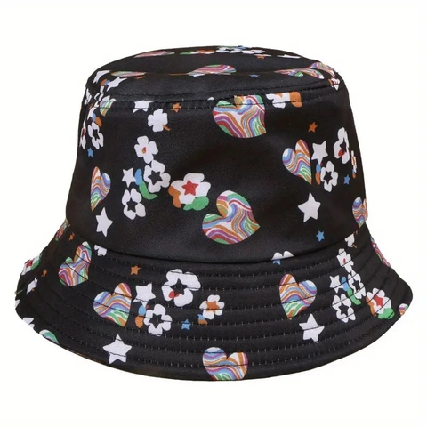 Women Men Casual Printed Bucket Hat Sun Protection Heart Flower Pattern Foldable Outdoor Fisherman Hat Daily Sunshade Accessory