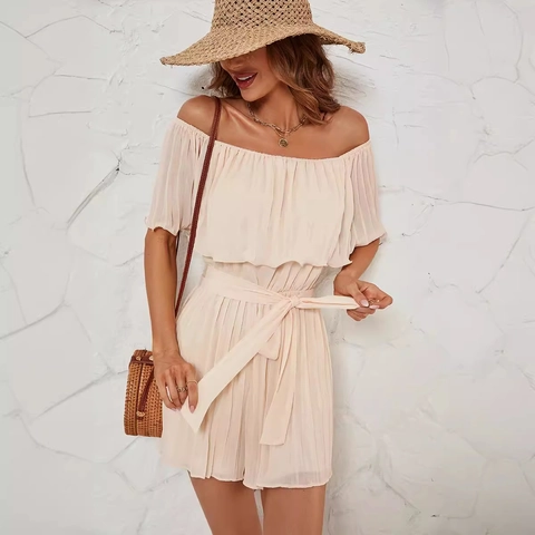 Tutina Plissettata Da Donna Con Spalle Scoperte Stile Resort Estivo Con Cintura Elegante Tuta Corta A Gamba Dritta
