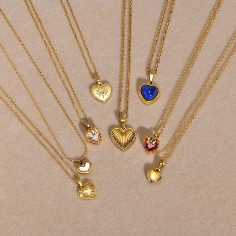 Collar Con Colgante De Corazón De Acero Inoxidable Chapado En Oro Piedra Que Cambia De Color Ojo Turco Circón Concha Mujer