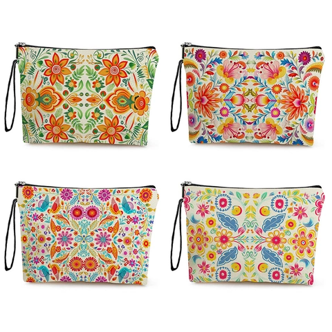 Borsa Trucco Floreale Messicana In Lino Fine Con Cerniera E Cinturino Da Polso Per Donna Etnico Boho Viaggio Toilette