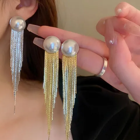 Pendientes Largos Con Borla Y Perla Artificial De Imitación Con Poste De Plata De Ley 925 Joyería De Moda Para Mujer