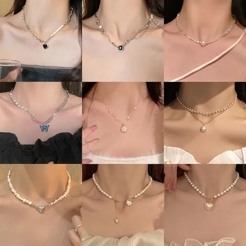 Artificial Baroque Pearl Pendant Necklace Stainless Steel Heart Zircon Double Layer Sweater Chain Jewelry For Women