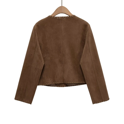Faux Suede Jacket Women Crop Coat Brown Whipstitch Braided Edge Round Neck Button Down Casual Chic