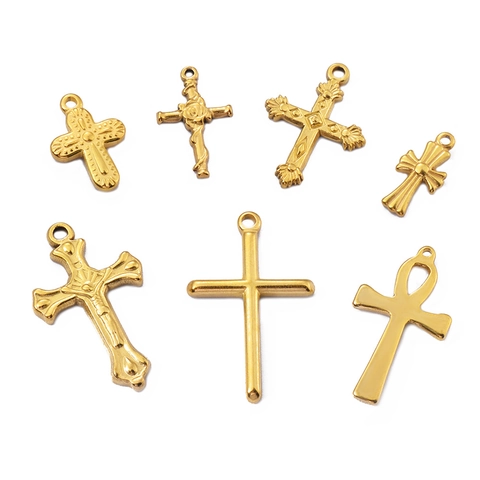 Cross Pendants Stainless Steel Religious Ankh Charms Vintage Rose Embossed DIY Jewelry Making Accessories Retro Style