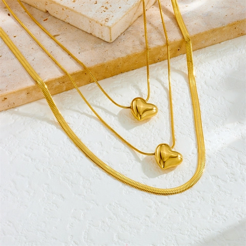 Collier Multi Rangs En Acier Inoxydable Plaqué Or Pour Femmes Pendentif Coeur Chaîne Serpent Bijoux Mode Minimaliste