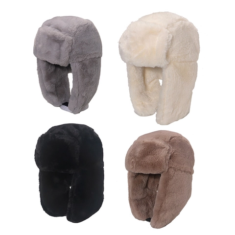 Winter Trapper Hat Faux Rabbit Fur Warm Ear Flaps Windproof Aviator Cap Solid Color Unisex Outdoor Cold Weather